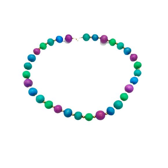 80s Necklace Vintage Easter Egg Color Wooden Beads Gold Tone Spacing Beads - Picture 1 of 16